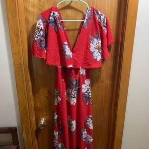 Red floral off the shoulder maxi dress
